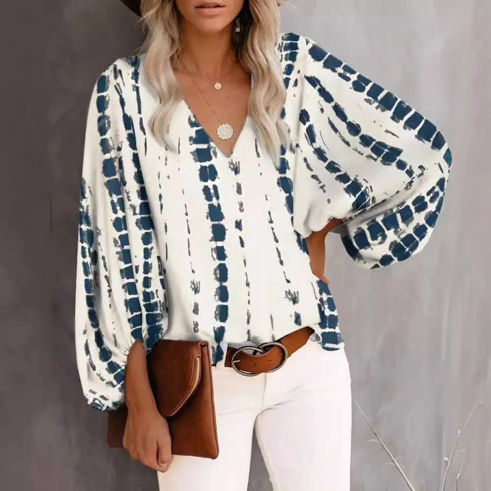 2025 Summer Printed V-Neck Lantern Sleeve Top - Image 18