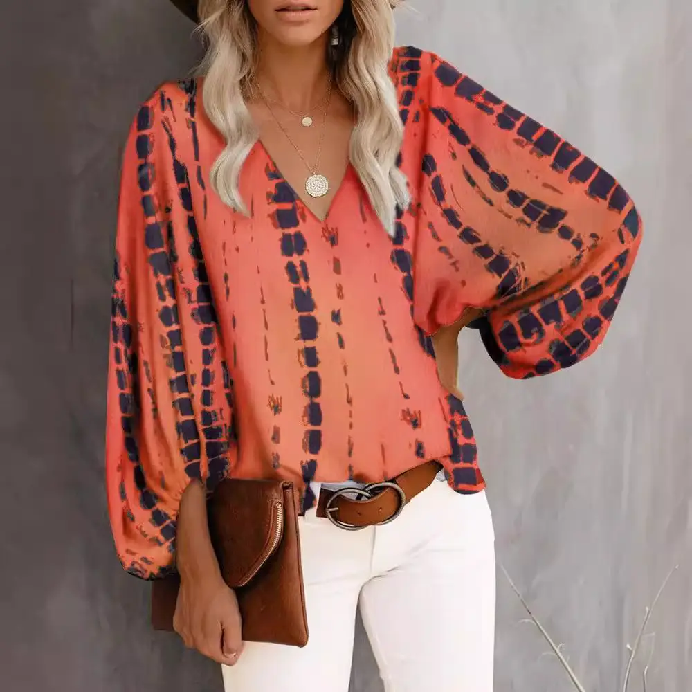 2025 Summer Printed V-Neck Lantern Sleeve Top - Image 19