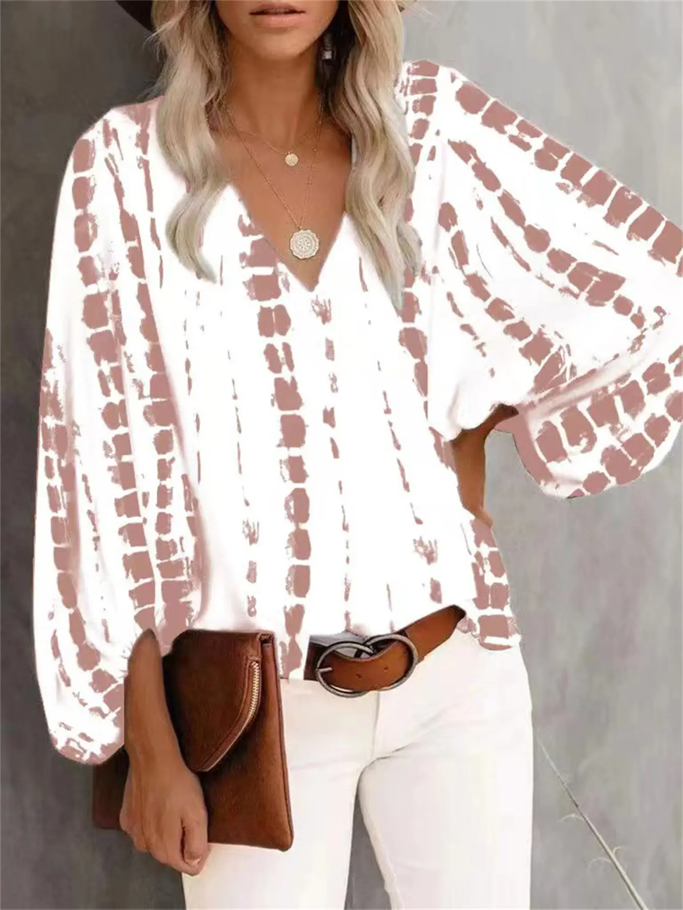 2025 Summer Printed V-Neck Lantern Sleeve Top - Image 11