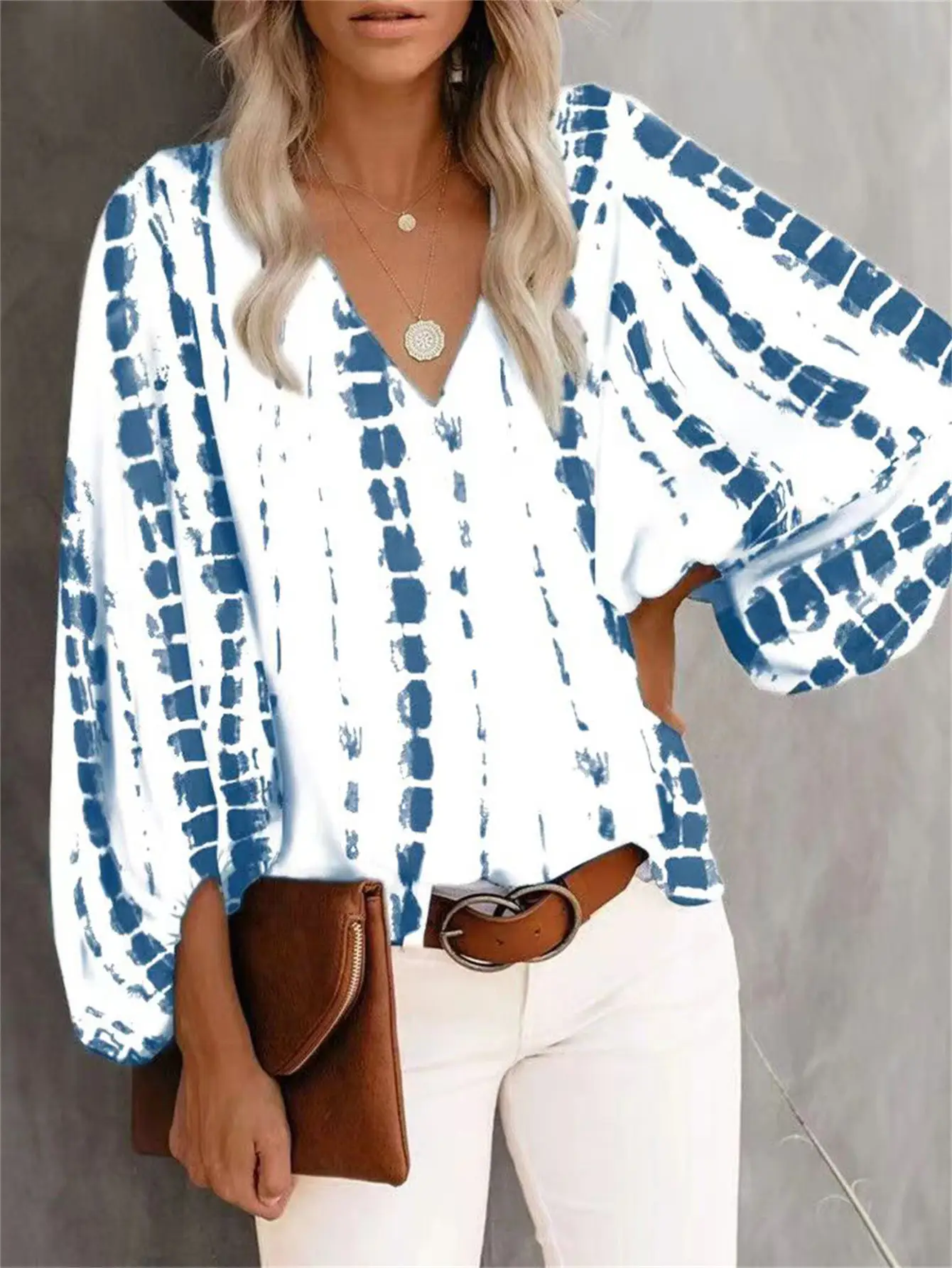 2025 Summer Printed V-Neck Lantern Sleeve Top - Image 12