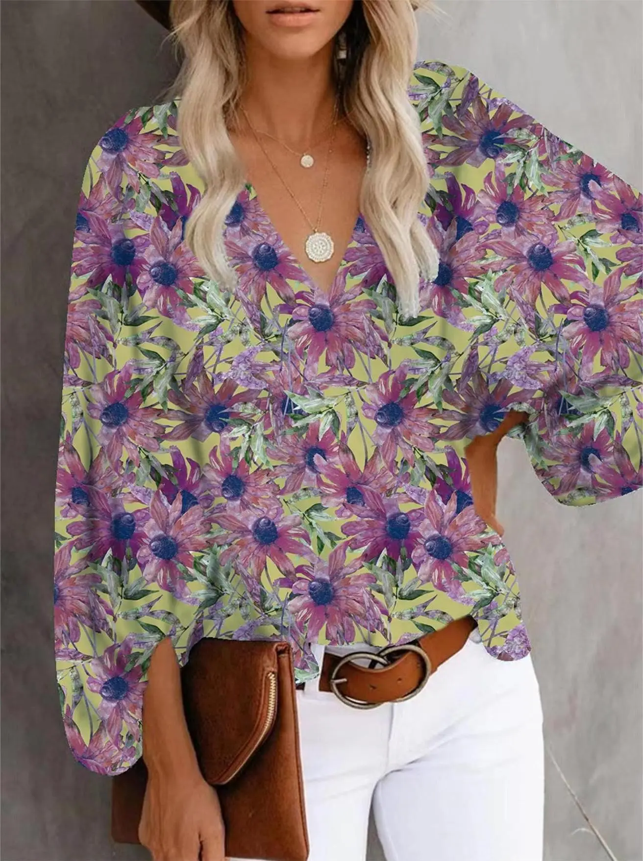 2025 Summer Printed V-Neck Lantern Sleeve Top - Image 14