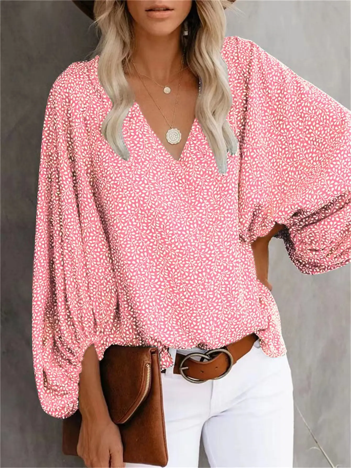 2025 Summer Printed V-Neck Lantern Sleeve Top - Image 15