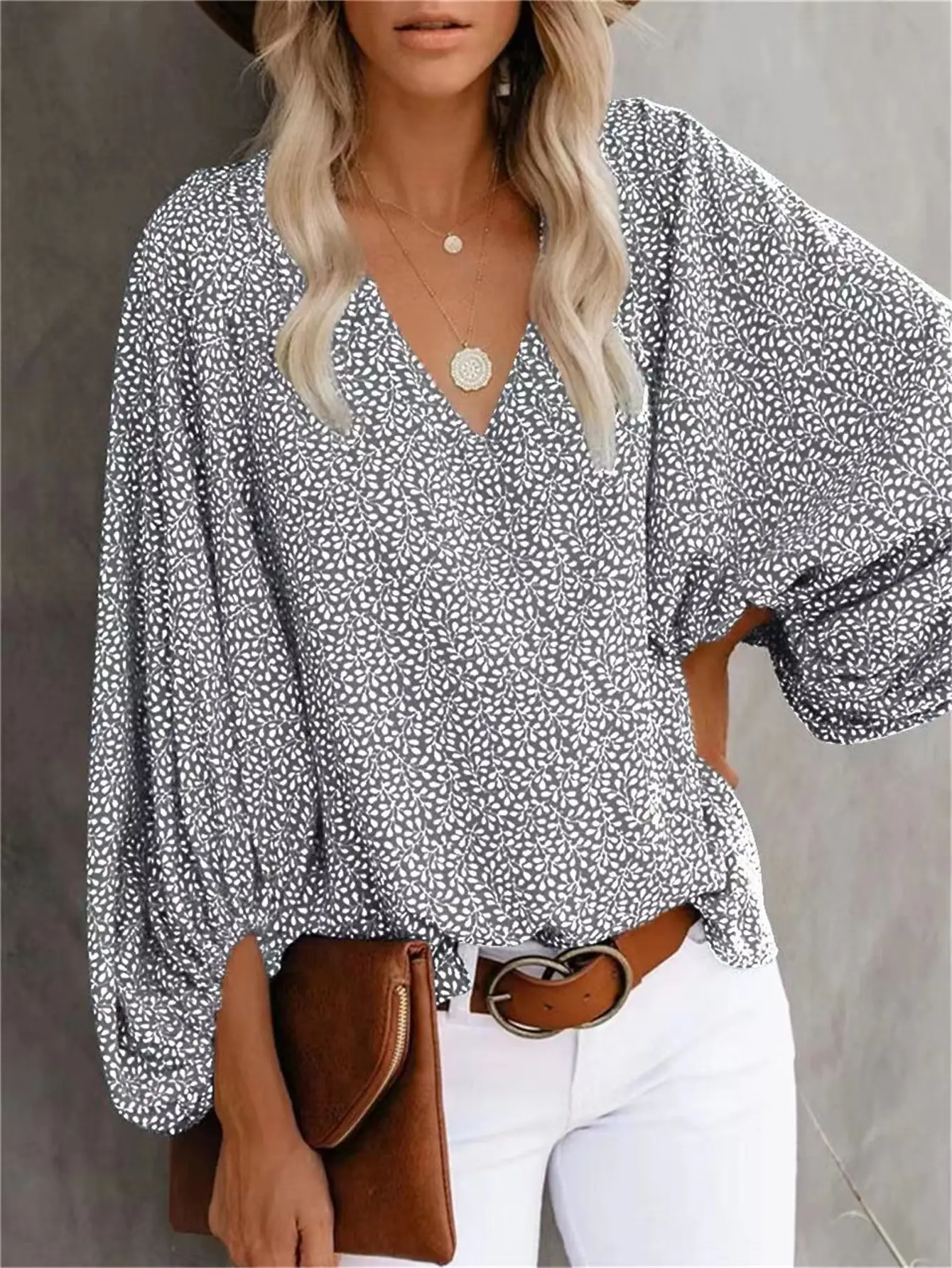 2025 Summer Printed V-Neck Lantern Sleeve Top - Image 2