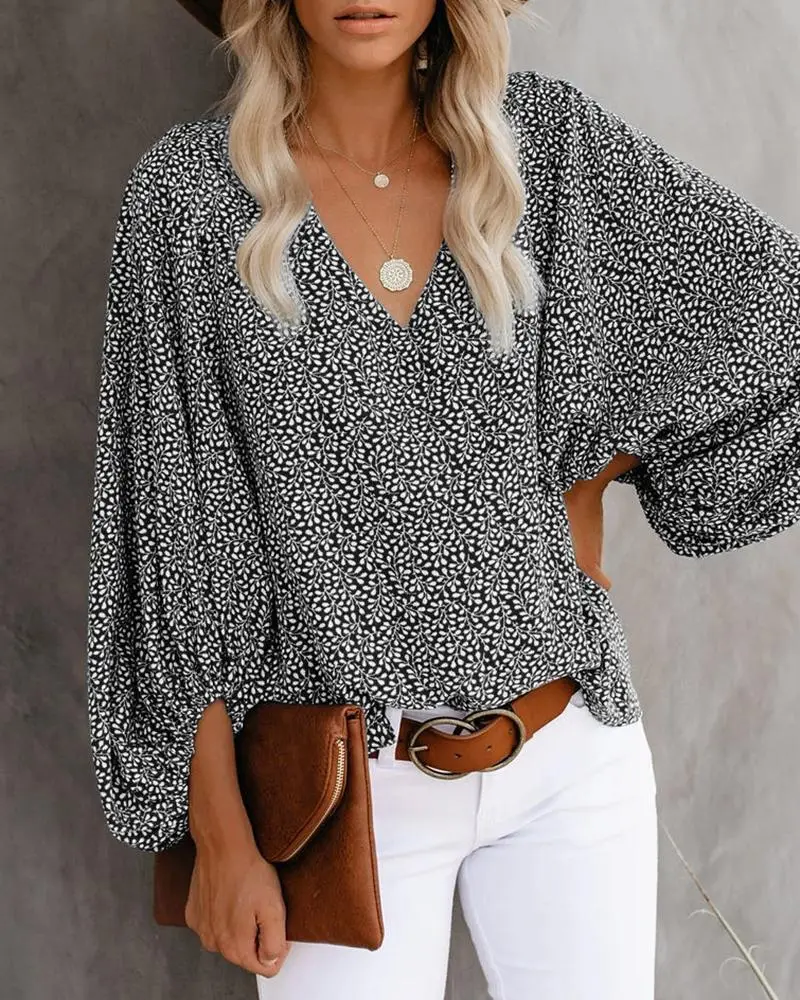 2025 Summer Printed V-Neck Lantern Sleeve Top - Image 3