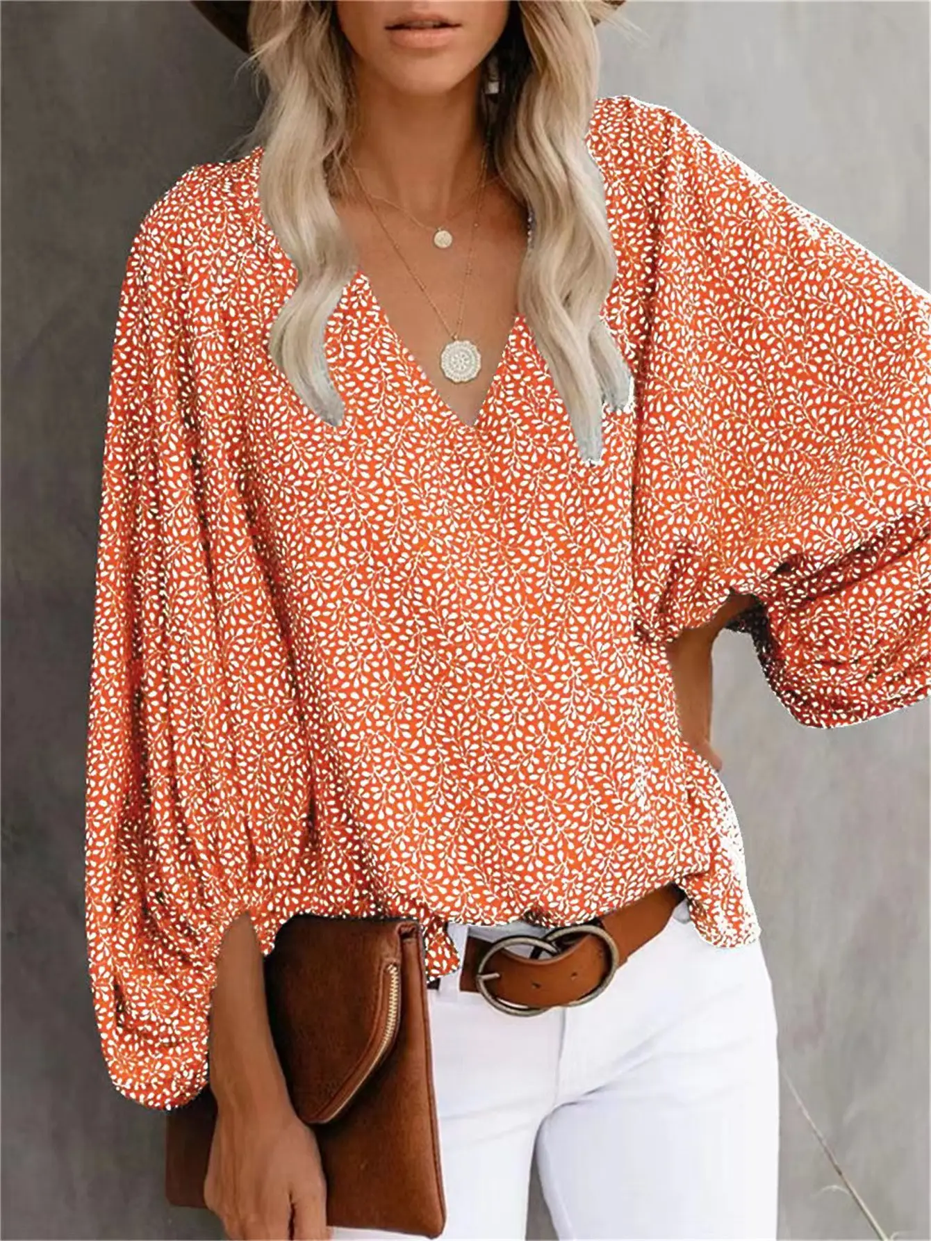 2025 Summer Printed V-Neck Lantern Sleeve Top - Image 8