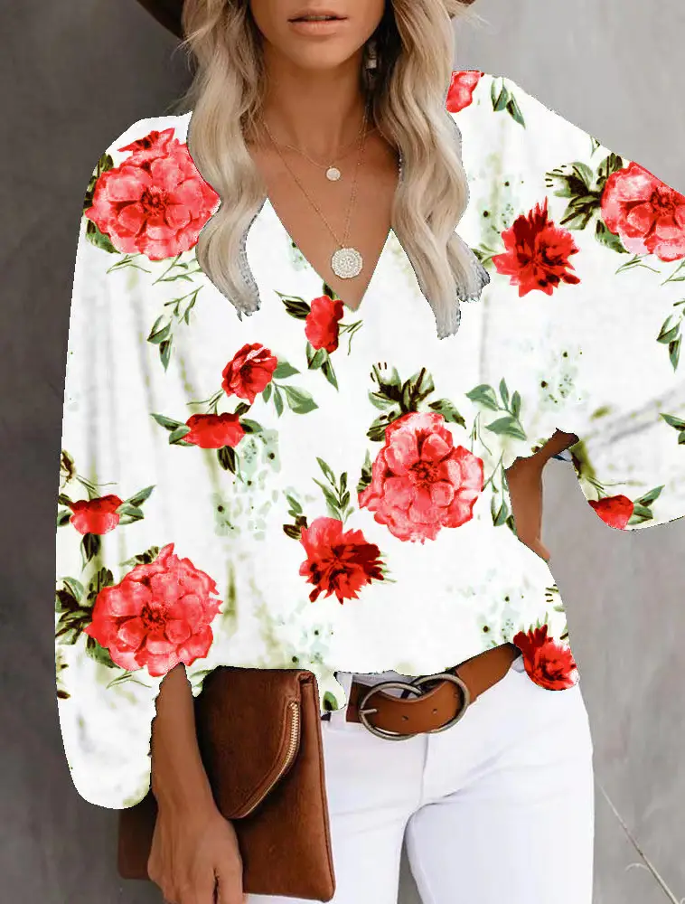 2025 Summer Printed V-Neck Lantern Sleeve Top - Image 9