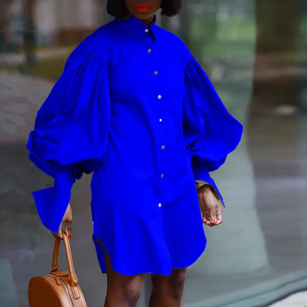 Red Loose Puff Sleeve Shirt Dress Large