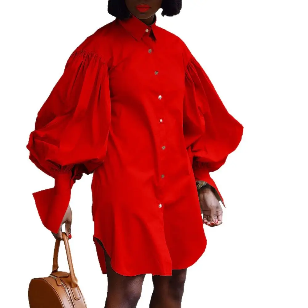 Red Loose Puff Sleeve Shirt Dress Large