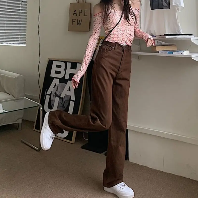 Autumn Brown High Waist Straight Trousers for Women - Image 6