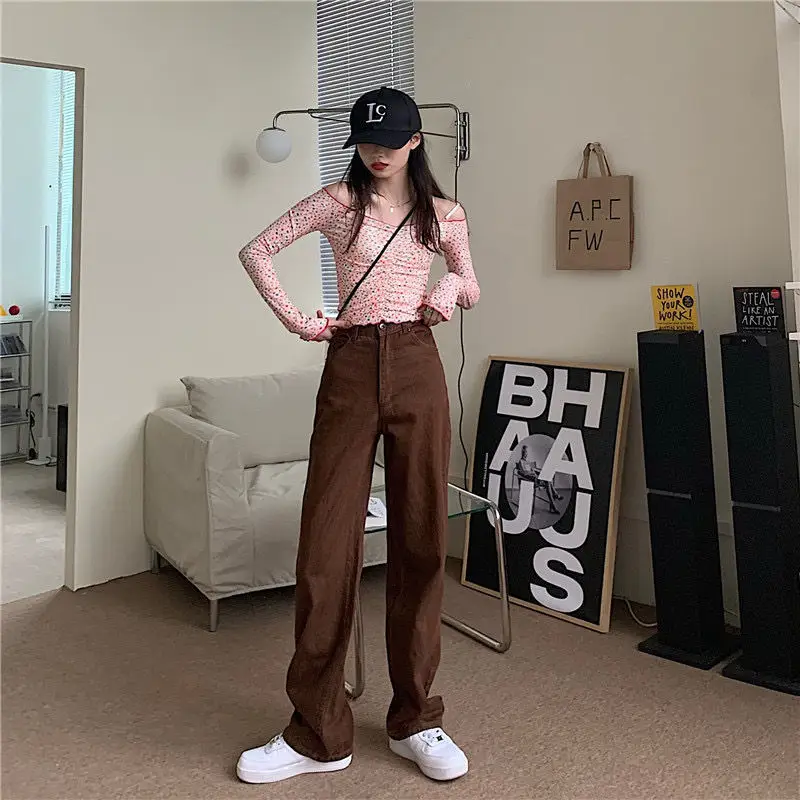 Autumn Brown High Waist Straight Trousers for Women — feature 10