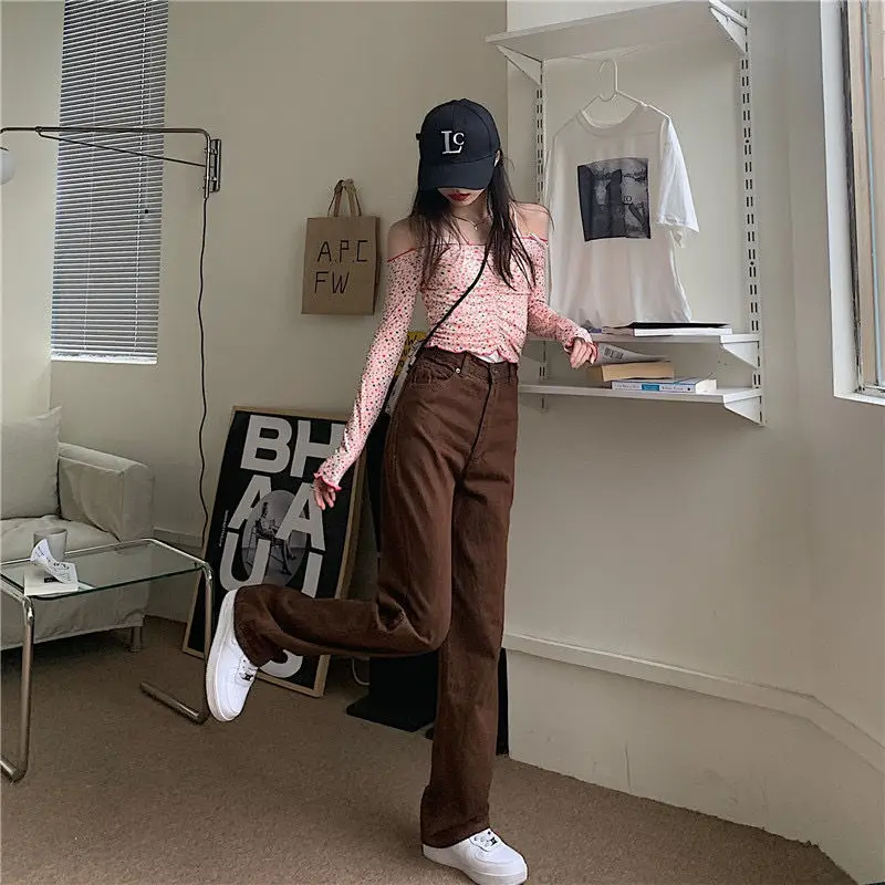 Autumn Brown High Waist Straight Trousers for Women — feature 11