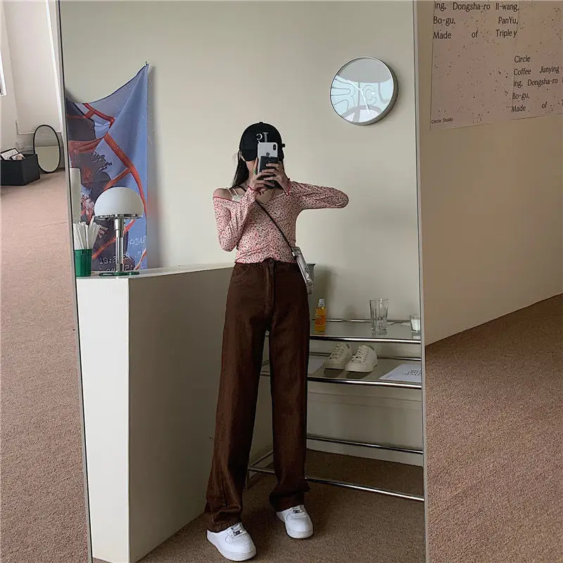 Autumn Brown High Waist Straight Trousers for Women — feature 12