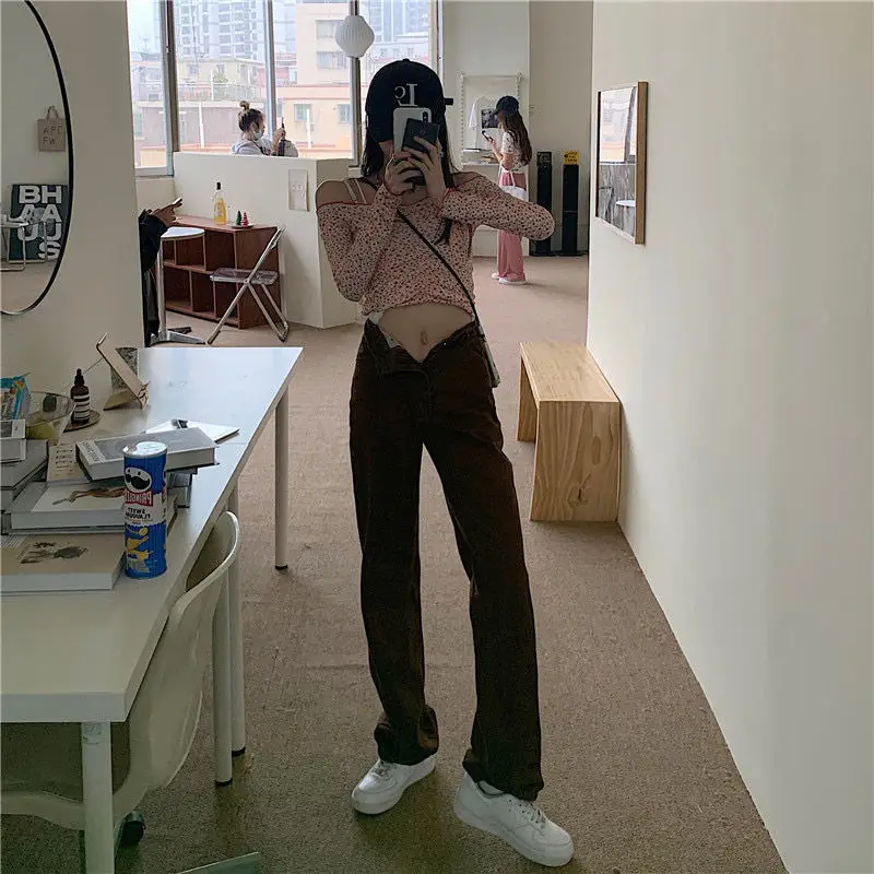 Autumn Brown High Waist Straight Trousers for Women — feature 5