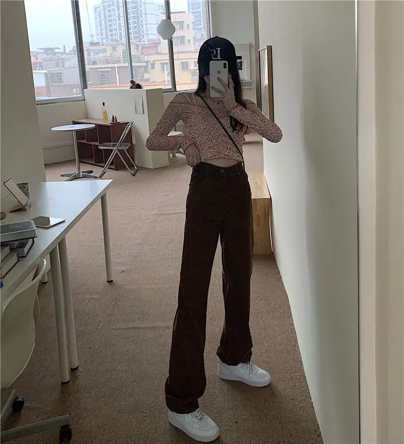Autumn Brown High Waist Straight Trousers for Women — feature 6
