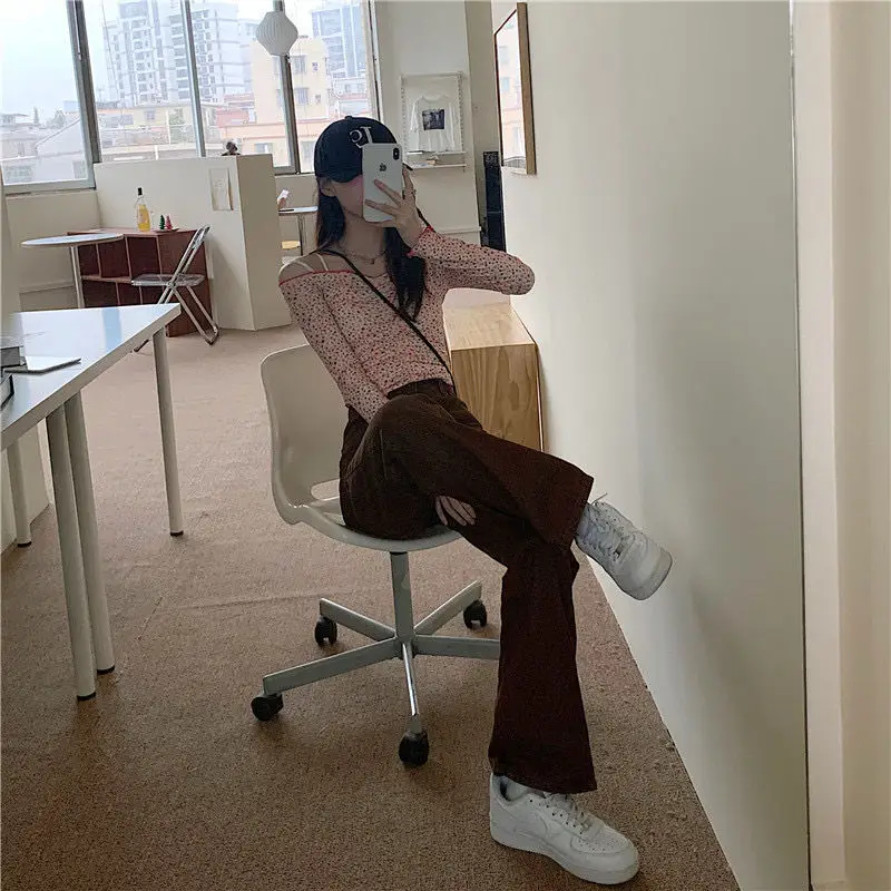 Autumn Brown High Waist Straight Trousers for Women — feature 7