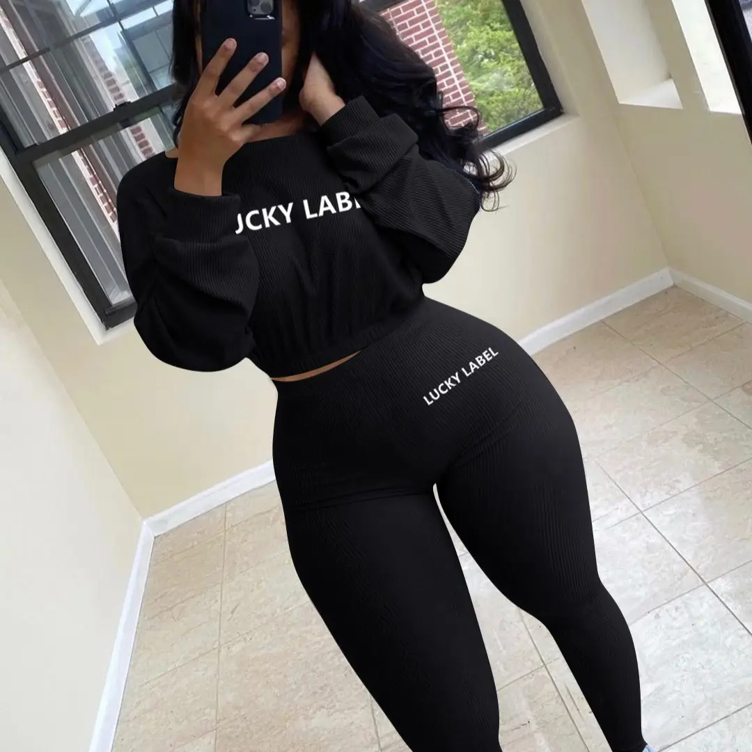 Women's Black Sweatpants Set with Letter Embroidery - Image 8
