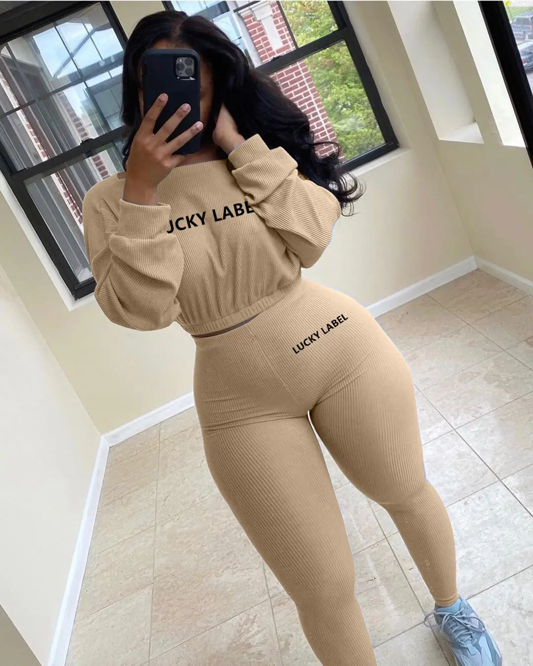 Women's Black Sweatpants Set with Letter Embroidery — feature 19