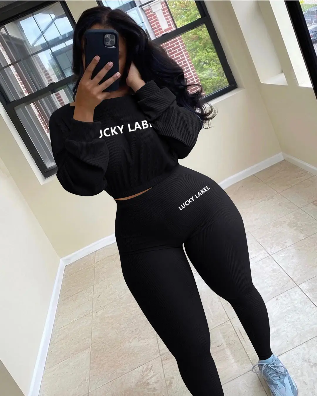 Women's Black Sweatpants Set with Letter Embroidery — feature 7