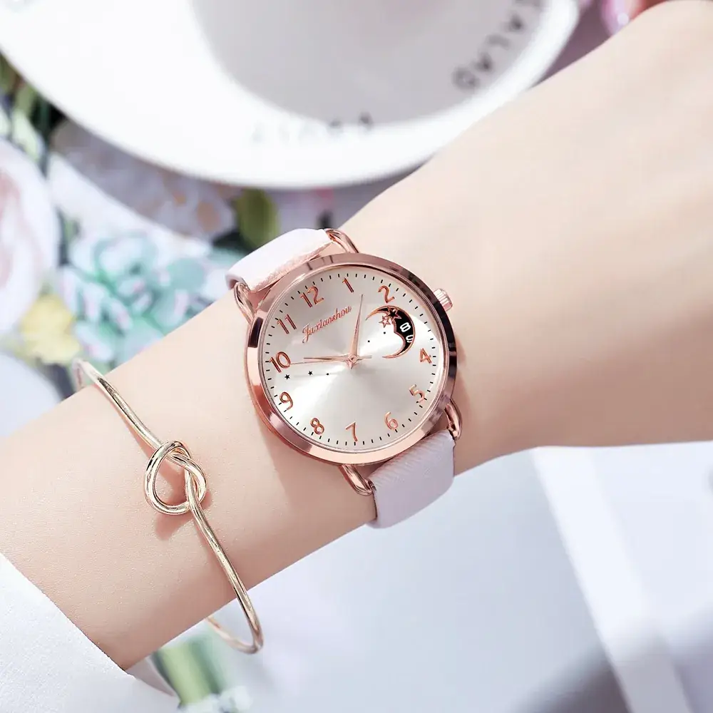 Women's Mei Gold Moon Watch with Light Blue Strap