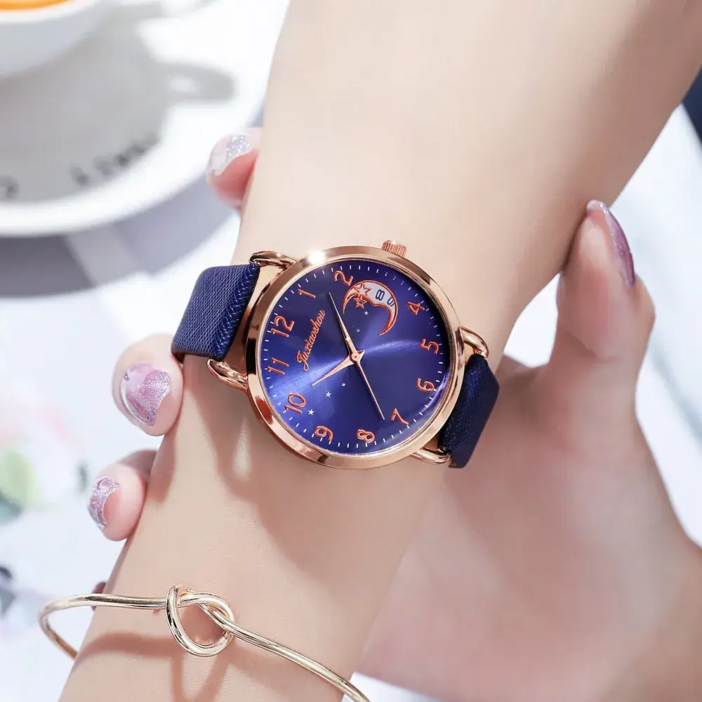 Women's Mei Gold Moon Watch with Light Blue Strap