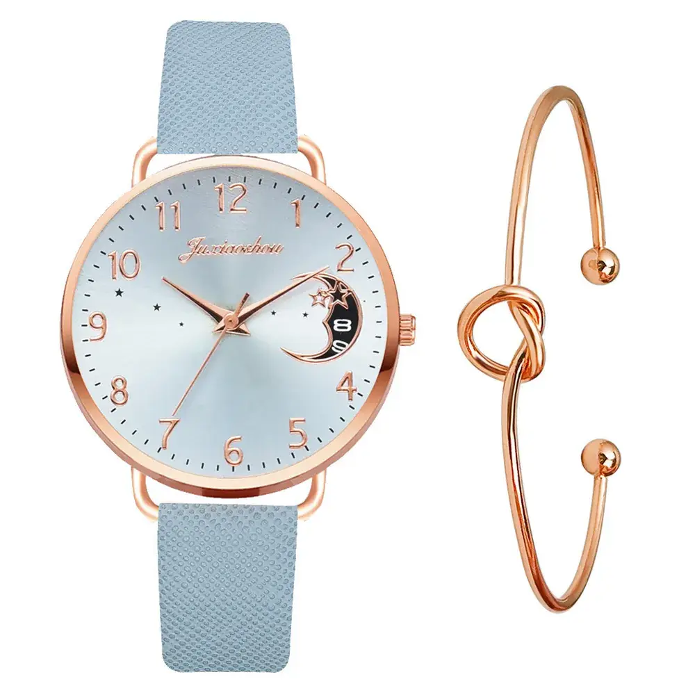 Women's Mei Gold Moon Watch with Light Blue Strap
