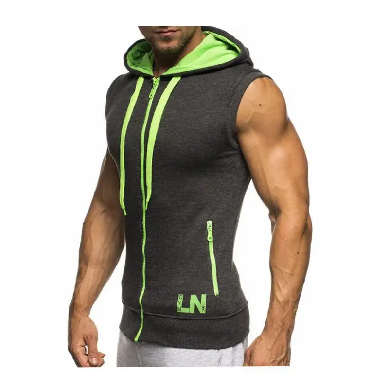 Men Sleeveless Hooded Vest Black Neon Green - Image 6