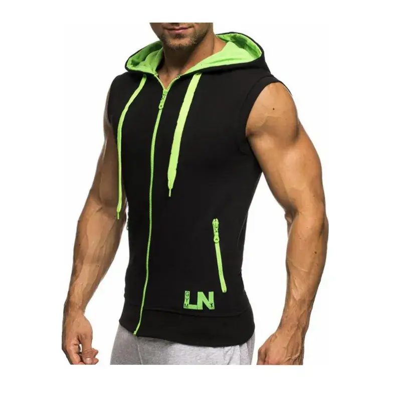Men Sleeveless Hooded Vest Black Neon Green - Image 2