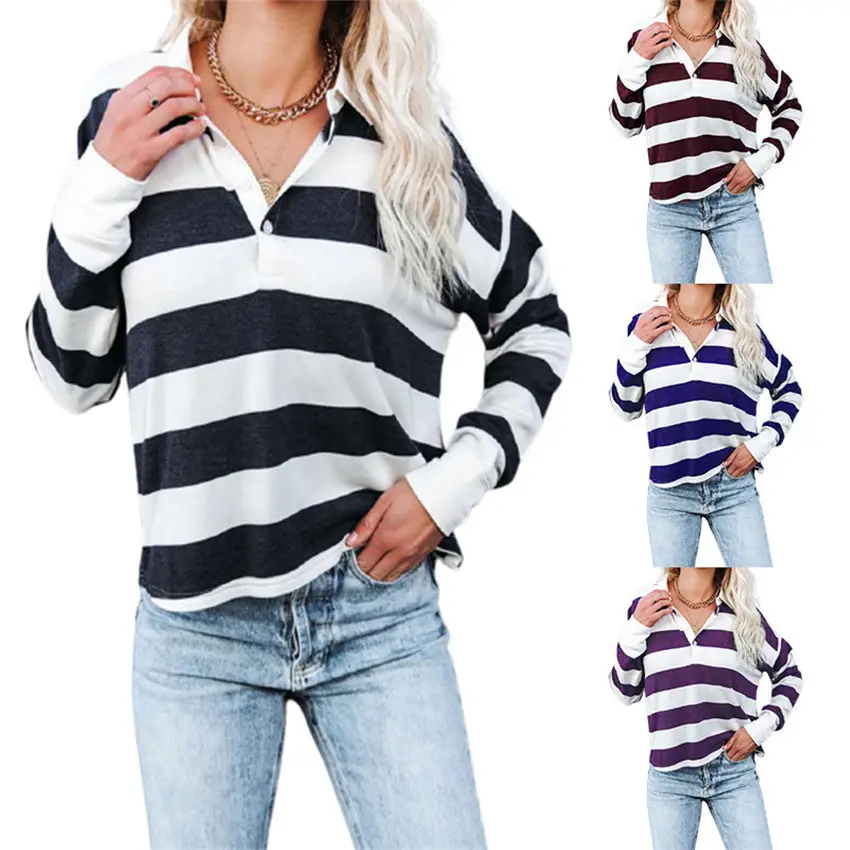2021 Women Striped Long Sleeve T-Shirt Navy White