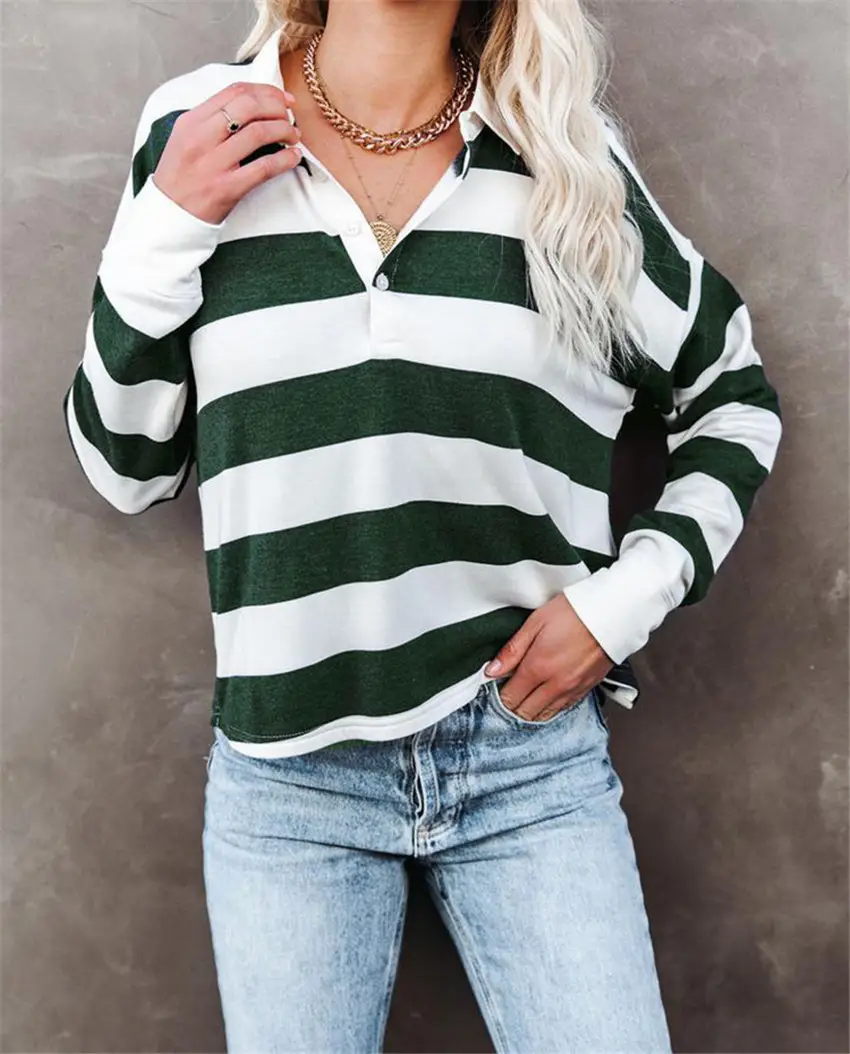 2021 Women Striped Long Sleeve T-Shirt Navy White