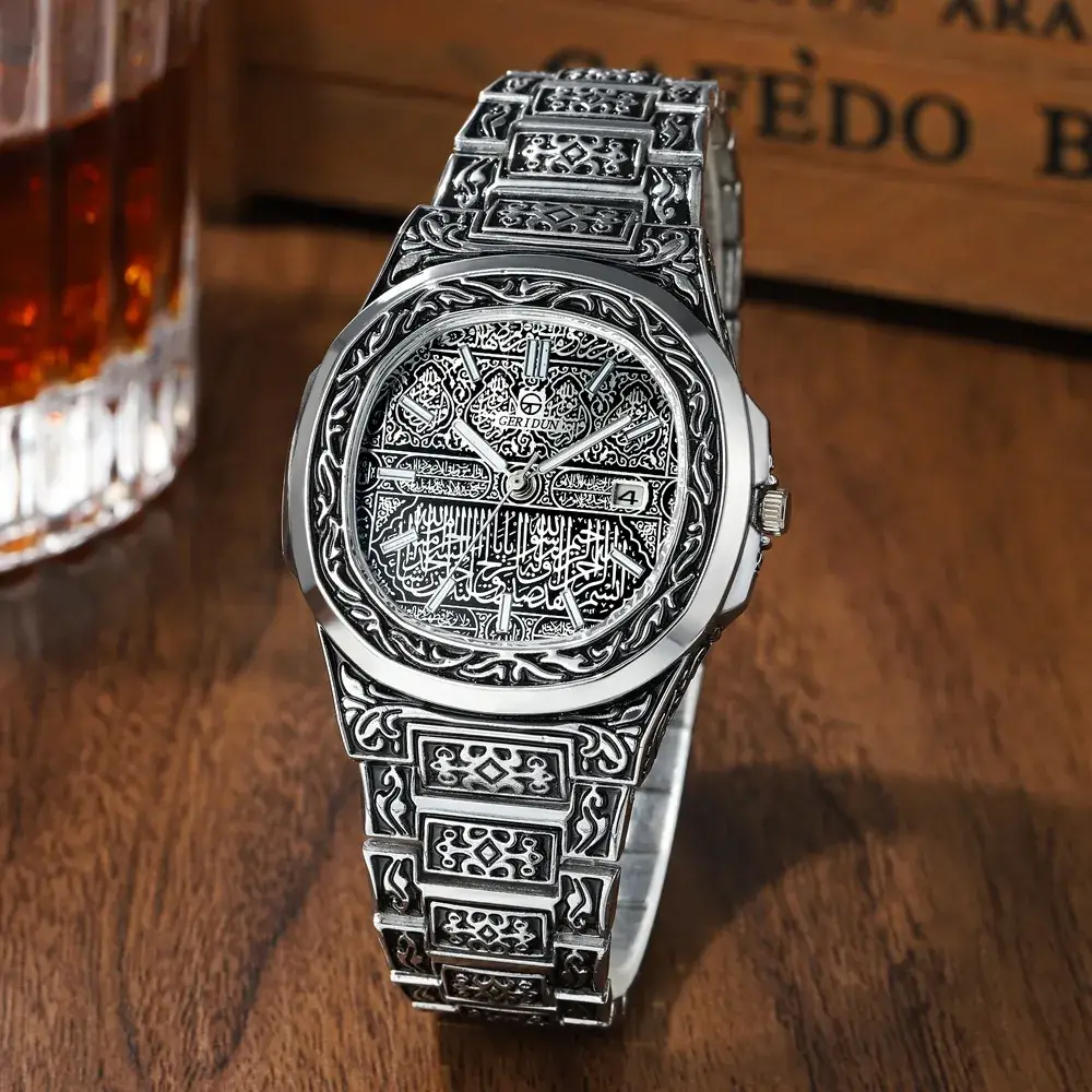 Retro Men's Square Dial Quartz Watch with Embossed Design - Image 4