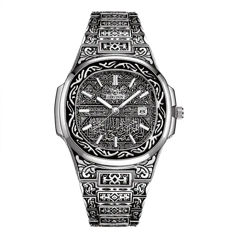 Retro Men's Square Dial Quartz Watch with Embossed Design - Image 2