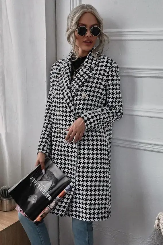 Houndstooth Woolen Coat Long Winter Autumn - Image 3