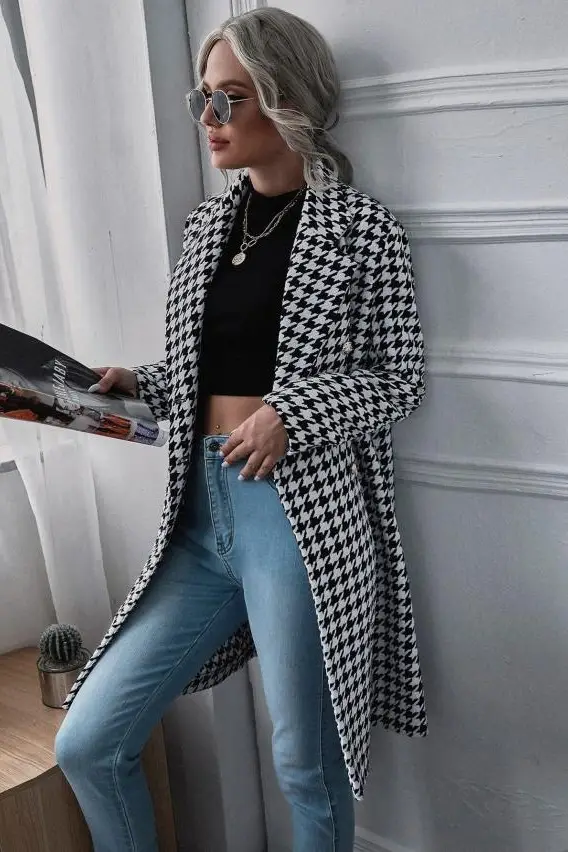 Houndstooth Woolen Coat Long Winter Autumn - Image 4