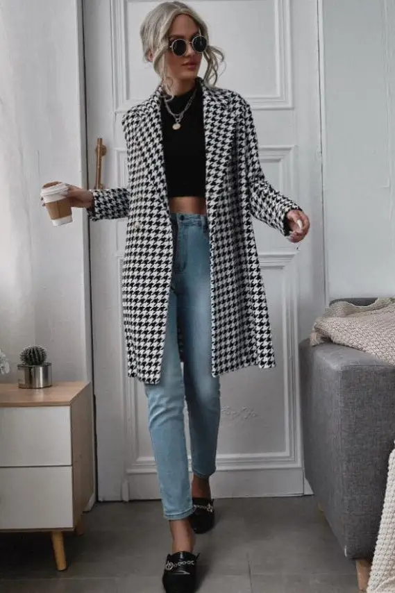 Houndstooth Woolen Coat Long Winter Autumn - Image 5