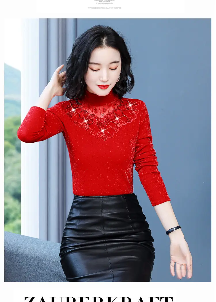 Red Lace Fleece Shirt for Women 2025 Winter Warm — feature 18