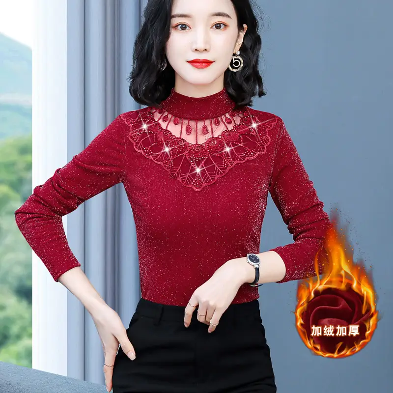 Red Lace Fleece Shirt for Women 2025 Winter Warm - Image 11
