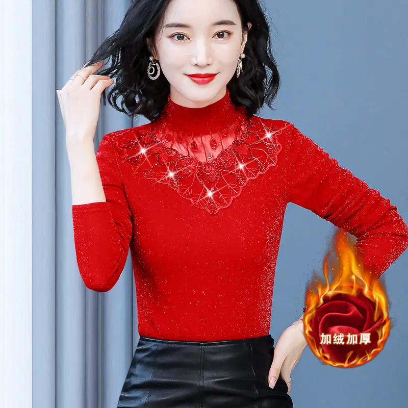Red Lace Fleece Shirt for Women 2025 Winter Warm - Image 12