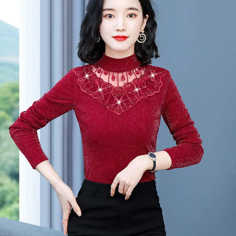Red Lace Fleece Shirt for Women 2025 Winter Warm - Image 3