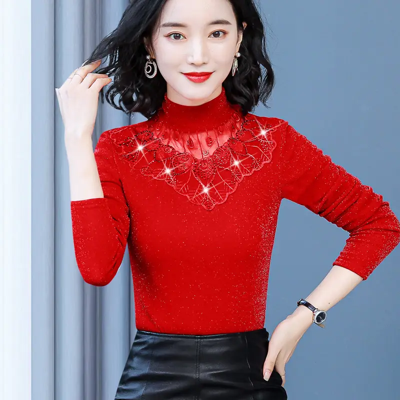 Red Lace Fleece Shirt for Women 2025 Winter Warm - Image 4