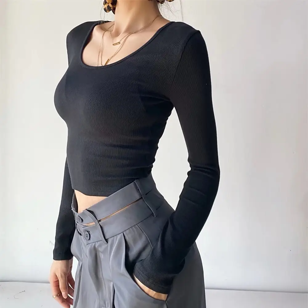 New European Style Low Crewneck T-Shirt Long Sleeve