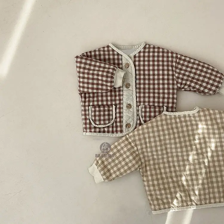 Boys Girls Quilted Cotton Pocket Jacket Plaid Single Breasted - Image 4