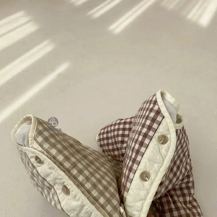 Boys Girls Quilted Cotton Pocket Jacket Plaid Single Breasted - Image 5