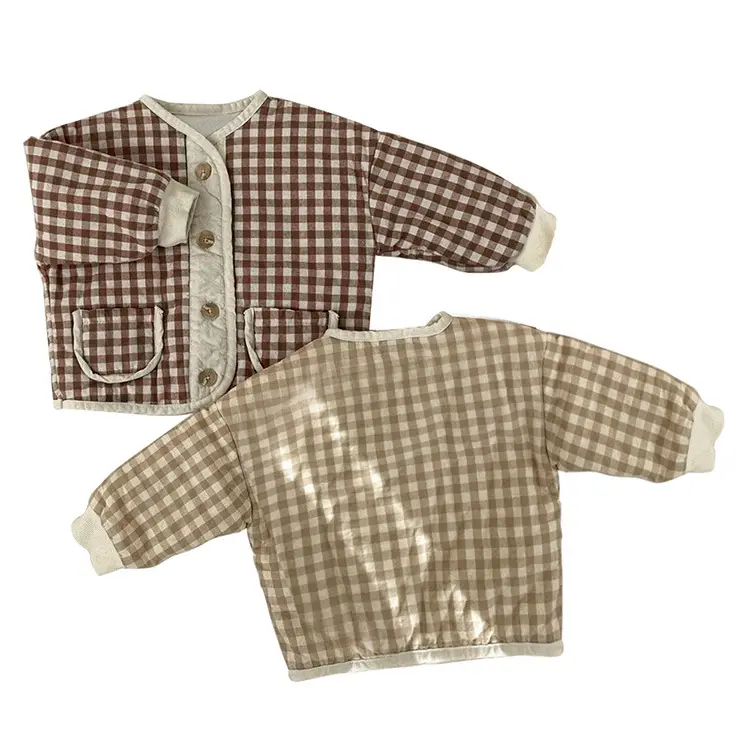 Boys Girls Quilted Cotton Pocket Jacket Plaid Single Breasted - Image 6