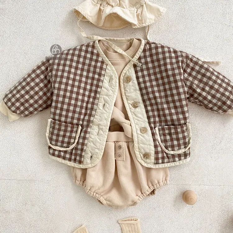 Boys Girls Quilted Cotton Pocket Jacket Plaid Single Breasted — feature 2