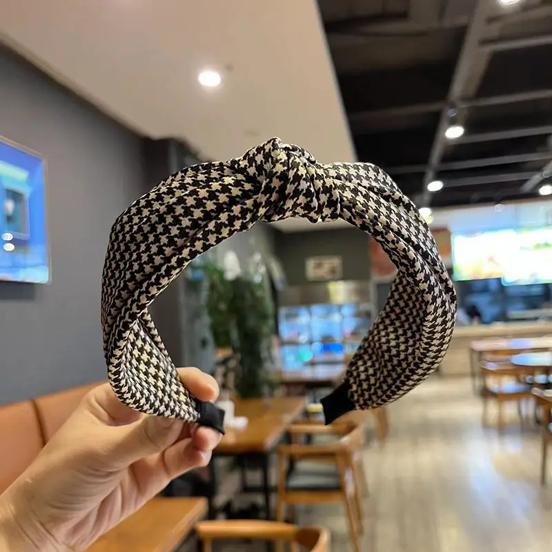 Korean Style Houndstooth Hairband Cashew Flower Wide Cross Knot - Image 5
