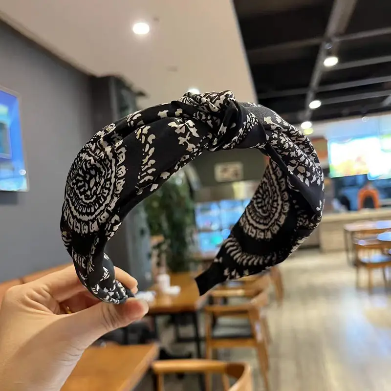 Korean Style Houndstooth Hairband Cashew Flower Wide Cross Knot - Image 6