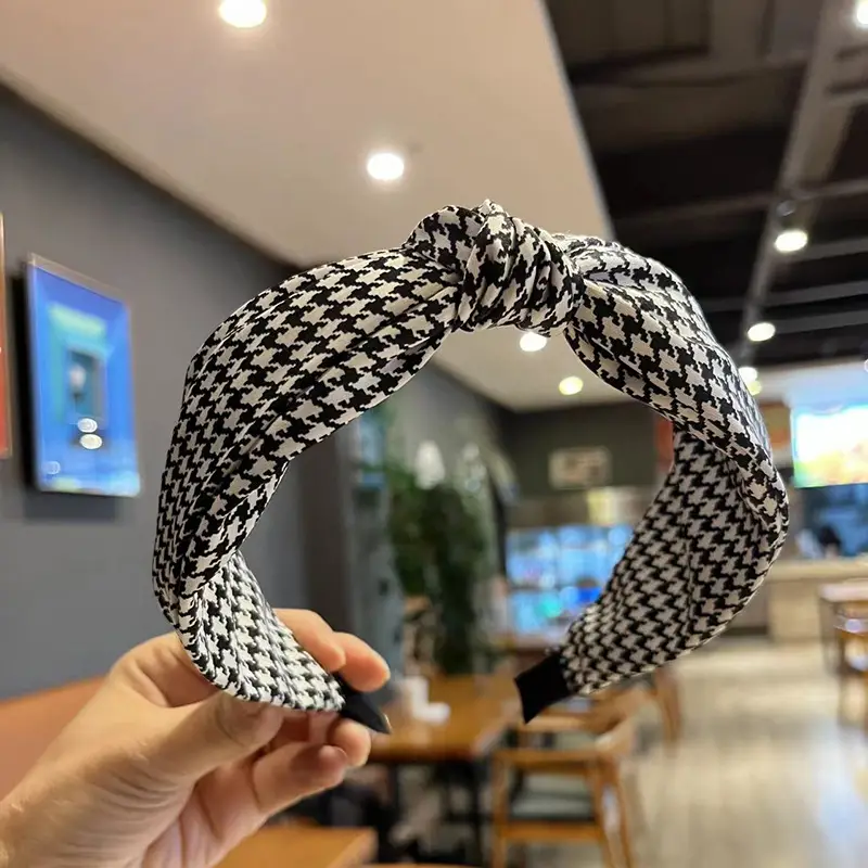 Korean Style Houndstooth Hairband Cashew Flower Wide Cross Knot - Image 7
