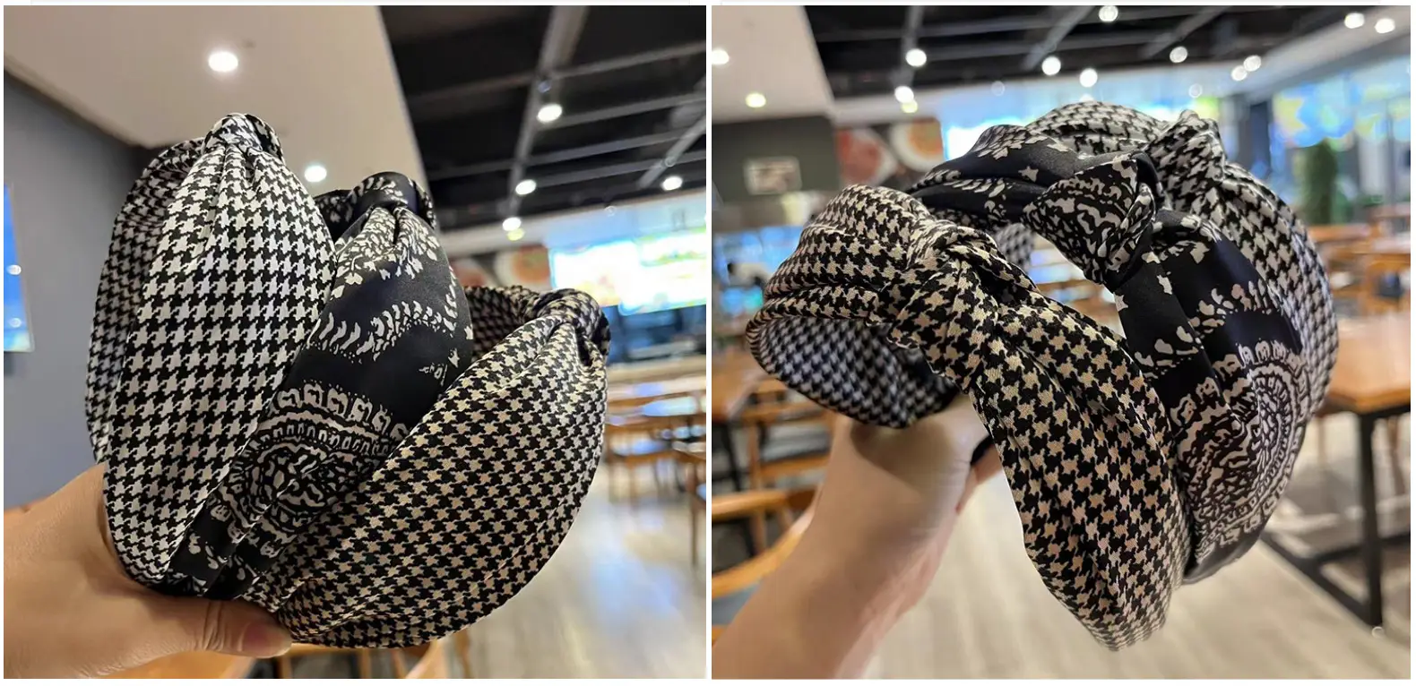 Korean Style Houndstooth Hairband Cashew Flower Wide Cross Knot — feature 12