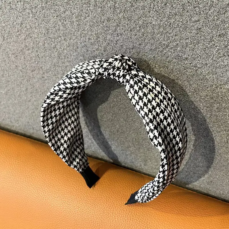 Korean Style Houndstooth Hairband Cashew Flower Wide Cross Knot - Image 3
