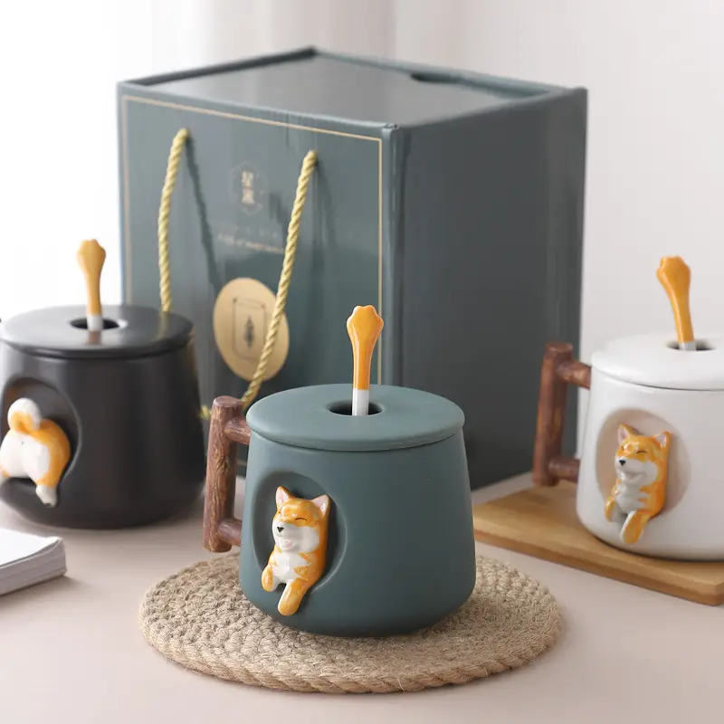 Ceramic Shiba Inu Mug with Lid Spoon 420ml - Image 9